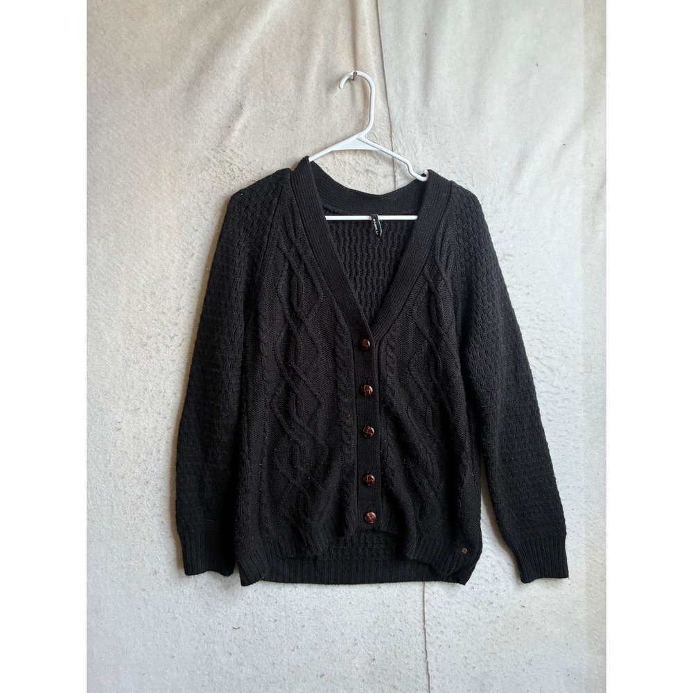 O'Neill Womens Black Cable Knit V-Neck Button Front Cardigan Sweater 31417014 L